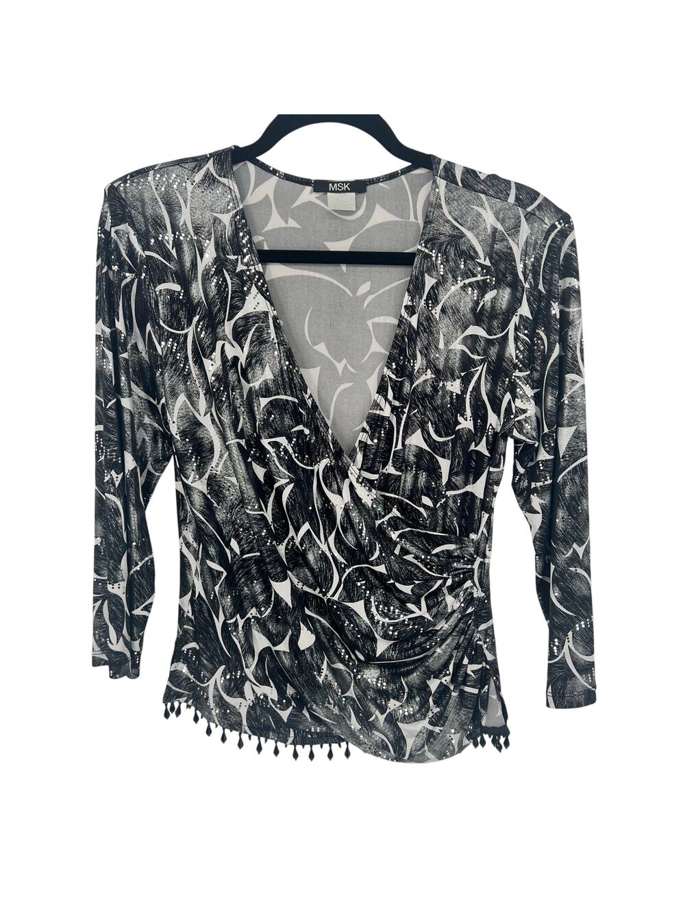 MSK Black & Silver V-Neck Sparkle Blouse W/ Beaded Fringe M